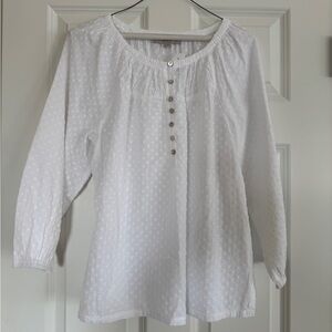 Loft White Dotted Swiss cotton blouse, size M, pearly buttons, 3/4 sleeves, NWT